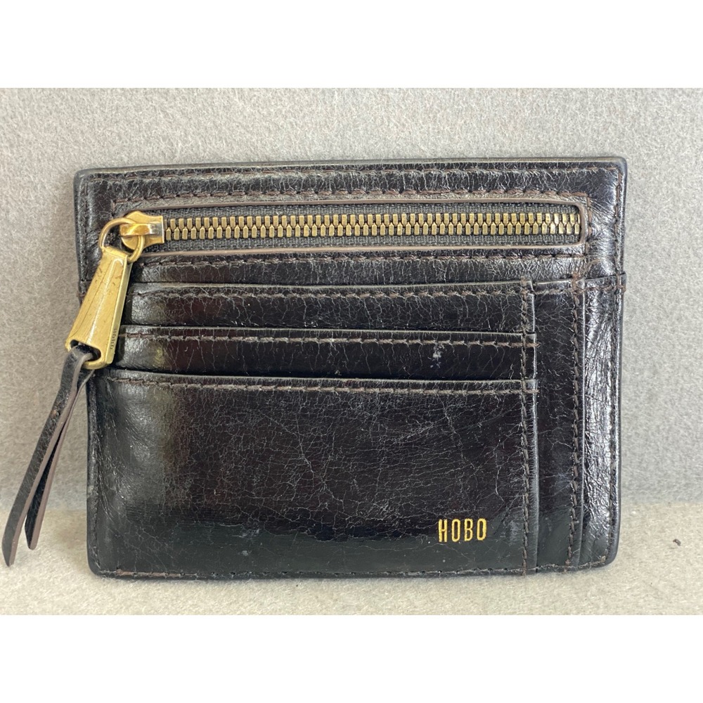 HOBO Black Leather Card Case Wallet Zip ID Window Slim Minimalist Pocket Purse - Picture 2 of 4